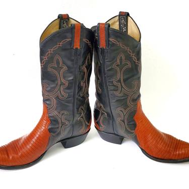 Vintage Larry Mahan Pecan Black Leather Cowboy Boots Mens Size 11.5D Lizard Skin 
