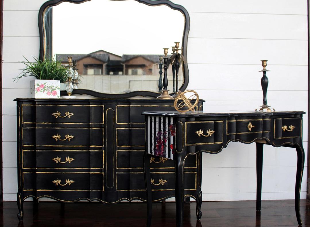 French Provincial Black\/Gold\/Floral Dresser with Mirror and Vanity