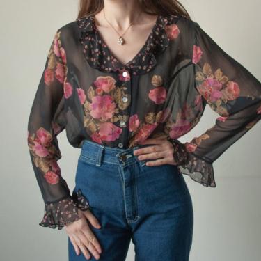 6550t / black silk chiffon contrast floral blouse / m / l 