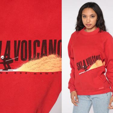 Ski A Volcano Sweatshirt Hawaii 80s Graphic Ski Sweater Mauna Kea Ski Resort Crewneck Red Vintage Raglan Crazy Shirts 1980s Pullover Medium 