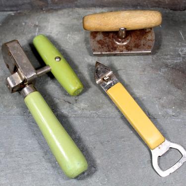 Antique Kitchen Tools - Set of 3 - Edlund Junior Can Opener & top-Off Can Opener Wooden Handle, Foley Bottle Opener Plastic Handle 