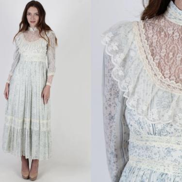 Vintage 70s Gunne Sax Dress Ivory Floral Lace Country Toile Garden Wedding Maxi Dress 9 