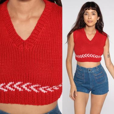 Red Sweater Vest Top 70s Knit Tank Top Sleeveless Nerd 80s Boho V Neck Knit Shirt Crop Top Sleeveless Hippie Vintage Extra Small xs 