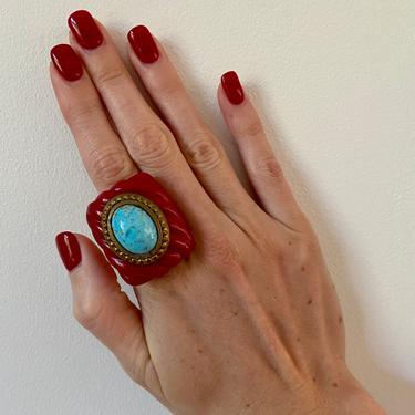 Massive Faux Coral & Turquoise Statement Ring