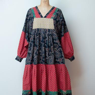 1980s Patchwork Dress | 80s Balloon Sleeve Mixed Print Cotton Dress Ciao LTD 