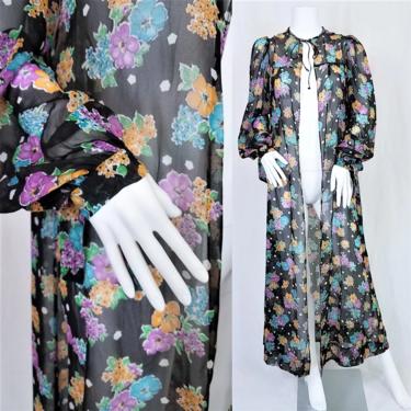 1970's Sheer Black Floral Print 30's Style Dressing Gown Robe Cover Up I Sz Med 