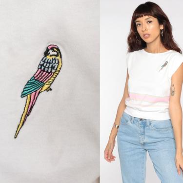 80s Striped Shirt -- Parrot Top Slouchy Shirt Tropical Bird Shirt Retro Tee Vintage Slouch Short Cap Sleeve White Pink Small 