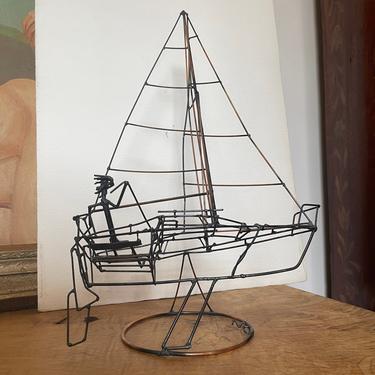 Vintage Wire Sculpture Art Decor Mid Retro Deco Copper Color Metal People Boat Ship Sailing Nautical 