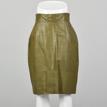 Small Green Leather Skirt Embossed Faux Snakeskin Olive High Waist Pencil Skirt 