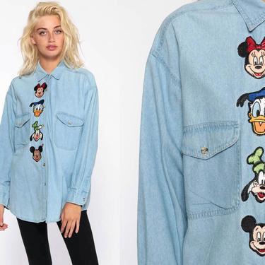 Vintage fashion Club Walt Disney Denim Shirt Blue Large Jean Embroidered Mickey