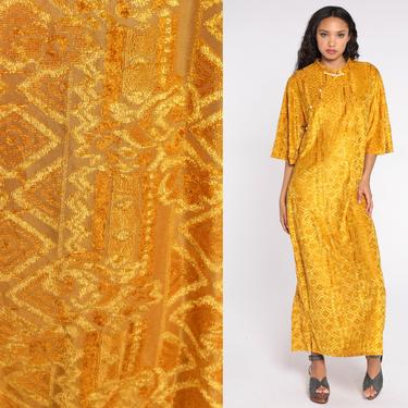 Burnout Velvet Caftan Dress Boho Hippie Dress 90s Mustard Floral Maxi Kaftan Cheongsam Style Bohemian Wide Sleeve Vintage Medium Large XL 