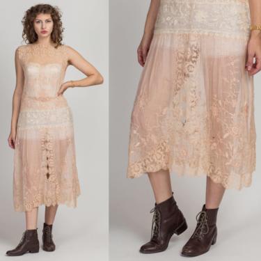 Antique 1910s Pink Lace Drop Waist Dress - XS to Large | Edwardian 10s 20s Flapper Sheer Net Sleeveless Floral Lace Sleeveless Midi Dress 
