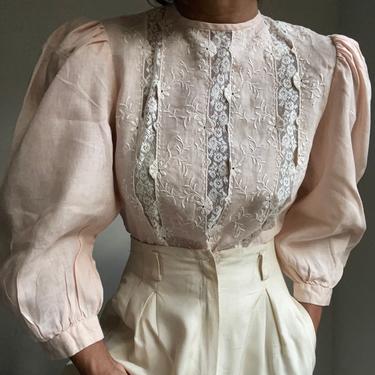 vintage pure linen ornate 70s victorian inspired delicate puff sleeve blouse 