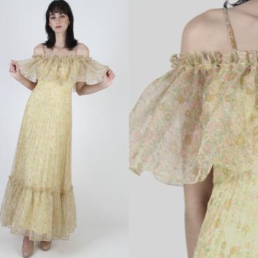 Vintage 70s Sunflower Chiffon Dress / Frilly Avant Garde Bridal Party Dress / Light Yellow Fairytale Princess / Wildflower Off Shoulder Maxi 