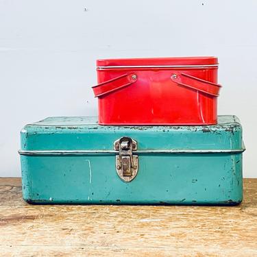 Metal Red Box | Vintage | Lunch Box | Photo Prop | Gift Box | Tackle and Tool Box | Storage | Metal Box with Lid | Art Supplies Storage 