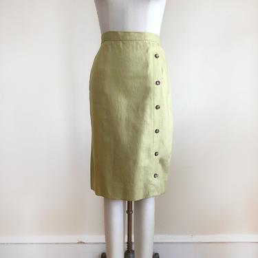 Spring Green Linen Pencil Skirt with Buttons - 1990s 