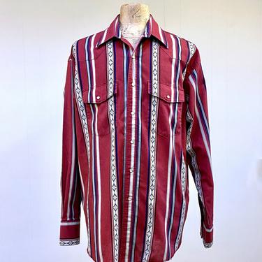 Vintage 1980s Wrangler Western Shirt, 80s Cotton Red Southwestern Pearl Snap Cowboy Shirt, 2X Large 50&quot; Chest 