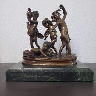 Antique French Clodion Signed Patinated Bronze Sculpture, Group of Putti & Bacchus Boy Playing With Goat, After Michel Claude Clodion 