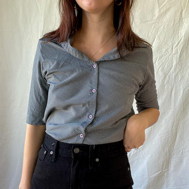 Vintage Blouse/ Vintage Shirt/ Button Up Shirt/ Short Sleeve Shirt/ Gingham Shirt/ Small/ Medium 