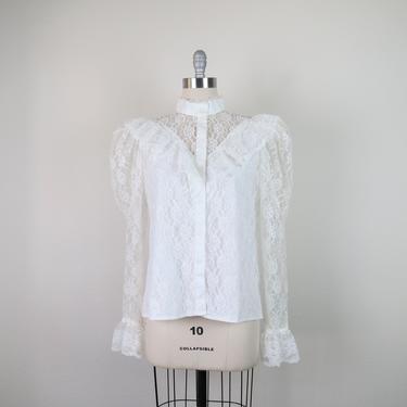 Vintage 1980s puff sleeve high neck lace blouse, prairie style, Victorian revival, size medium, large 