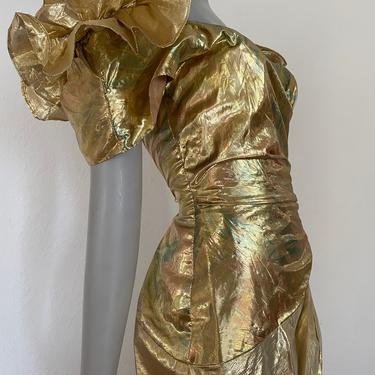 1984 Vintage CASADEI gold prom dress, 80s dynasty gown puffed sleeves, gold lame prom dress, avant-garde gown, rose floral print 1984 small 