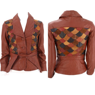 70s leather fish scale jacket XS / vintage 1970s patchwork tie shrunken skinny small jacket coat 2 