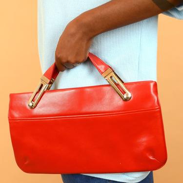 Vintage Red Oversized Faux Leather Jumbo Top Handle Bag / Purse / Clutch 