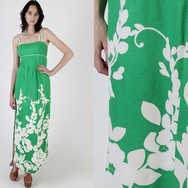 Malia Designer Maxi Dress / Summer Sun Resort Wear Dress / Long Hawaiian Tiki Dress / Vintage 1970s Designer Green Cotton Dress 