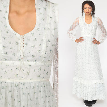 Gunne Sax Dress 70s Maxi Floral Print Bohemian LACE Sheer | Shop Exile