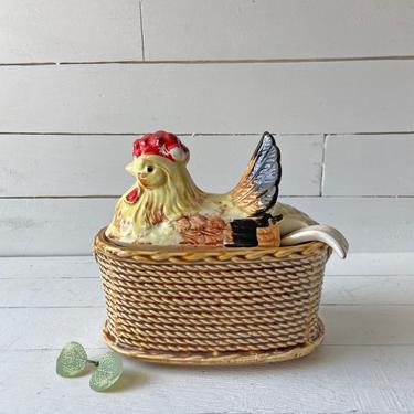 Vintage Rossini 1950s Ceramic Rooster Chicken Basket With Spoon // Chicken Tureen, Gravy Or Soup Bowl // Hen On Nest Collector 