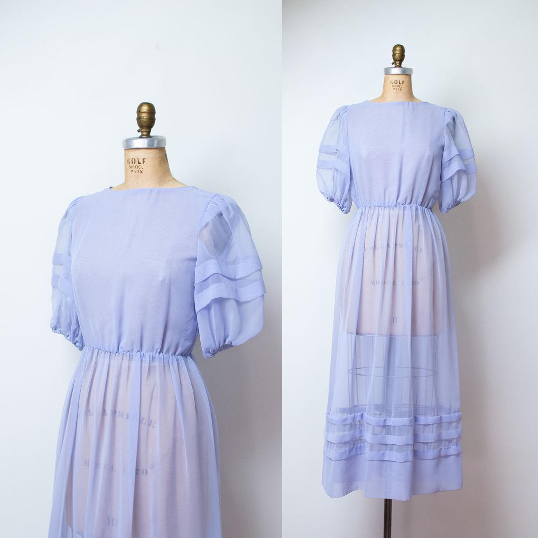 1980s Sheer Puff Sleeve Dress / 80s Periwinkle Chiffon Dress | Female ...