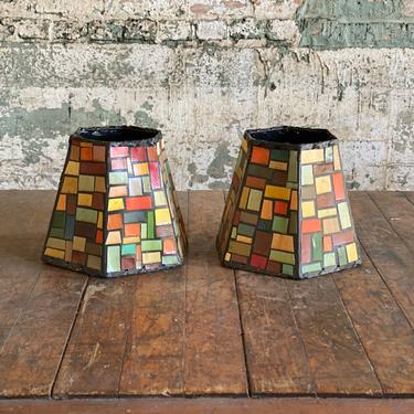 PAIR of Vintage Geometric Funky Light Shades Applied Shapes 