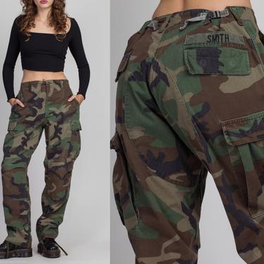 80s High Waist Unisex Camo Cargo Pants - 29&amp;quot;-34&amp;quot; | Vintage Military Camouflage Army Field Trousers 