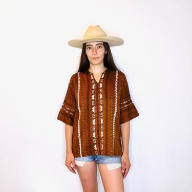 Sunrise Blouse // vintage cotton boho hippie Mexican embroidered dress hippy tunic mini dress 70s // S/M 