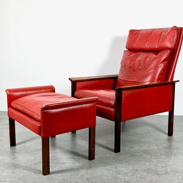 Vintage Hans Olsen Rosewood Leather Lounge Chair and Ottoman 1960s 