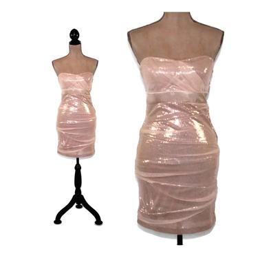 Sexy Dress Strapless Wiggle Dress Sparkly Sequin Party Dress Blush Pink Empire Waist Junior Dresses XS Vintage Clothing Womens Clothing 