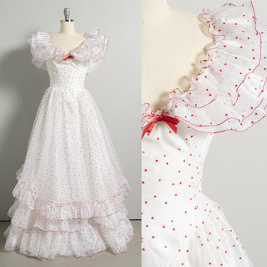 1980s Dress Heart Flocked Ruffle Gown XS 