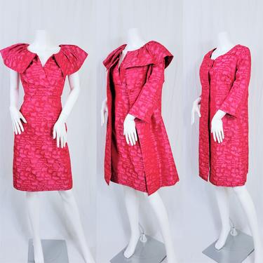 1960's Mitzi Marlow Hot Pink Embossed Moire Taffeta 2 Pc Dress I Jacket I Suit Set I Sz Med I Mrs. Maisel 