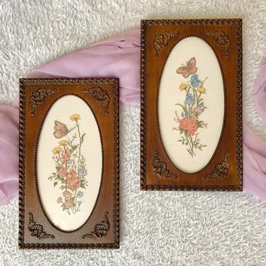 Hand Embroidered Wall Decor, Butterflies, Floral, Ornate Wood Frames, Set 2, Cross Stitch, Signed Dated 1988 Vintage 