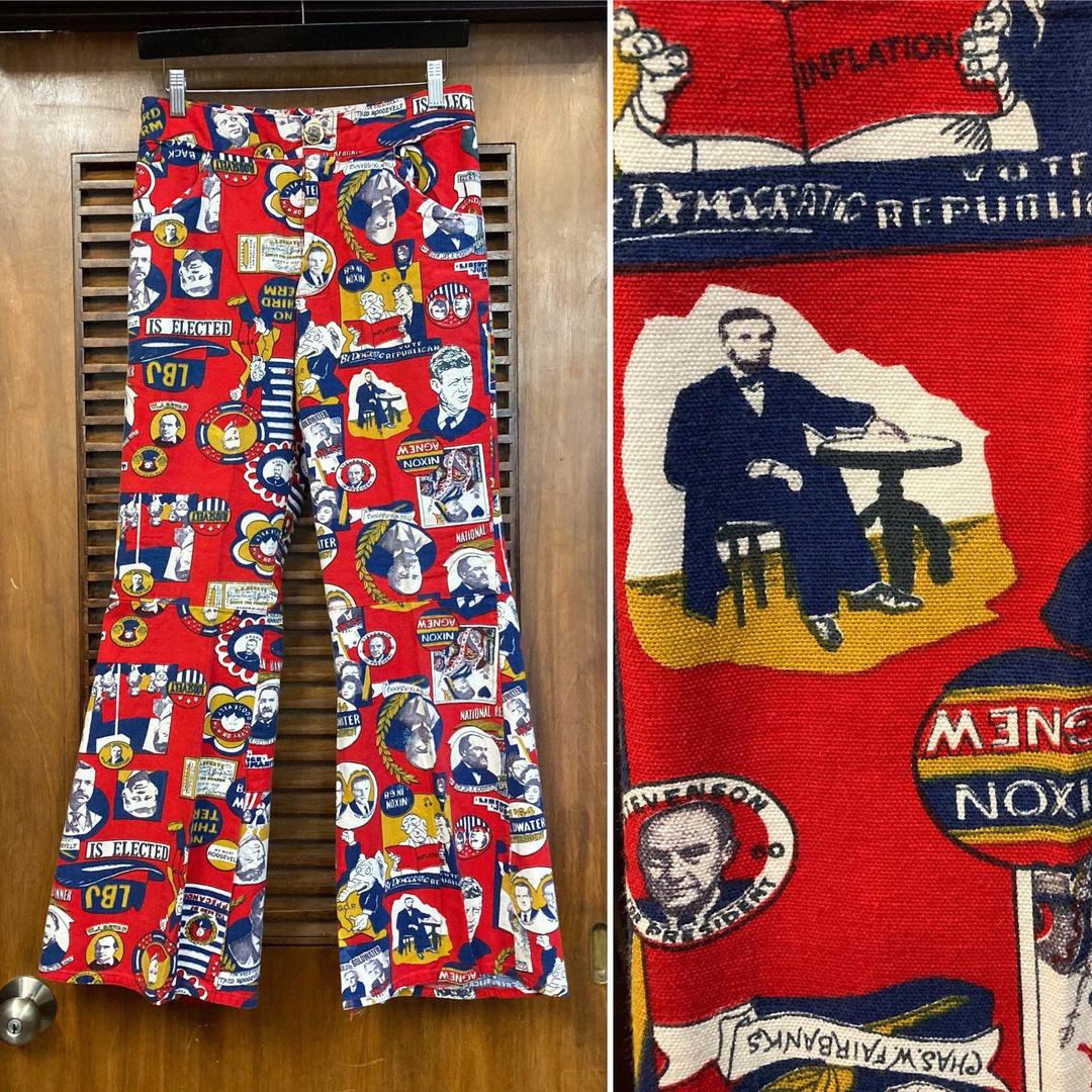 Vintage 1960's Pop Art Cartoon President Political Flare Mod Pants, 60', Vintage on Hollywood