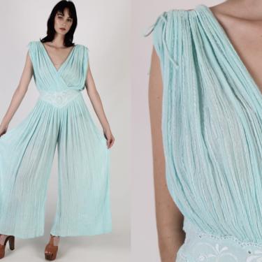 Mint Gauze Jumpsuit / Womens Thin Grecian Wrap Jumpsuit / 80s Thin Palazzo Airy Cotton / Sheer Festival Beach One Piece Embroidered Playsuit 