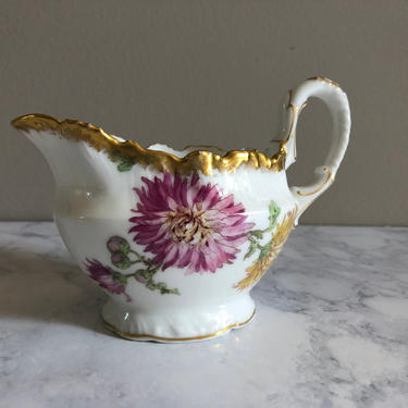 Limoges Creamer with Chrysanthemums, Antique Tressemanes and Vogt T&amp;V Limoges France porcelain, ornate small pitcher 