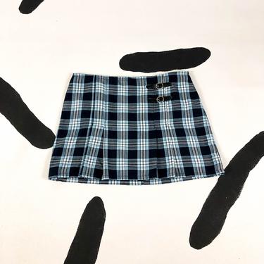90s Blue Plaid Pleated Mini Skirt / Decorative Buckles / XL