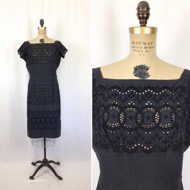 Vintage 50s dress | Vintage black cotton eyelet embroidered dress | 1950s anglaise broderie wiggle dress 