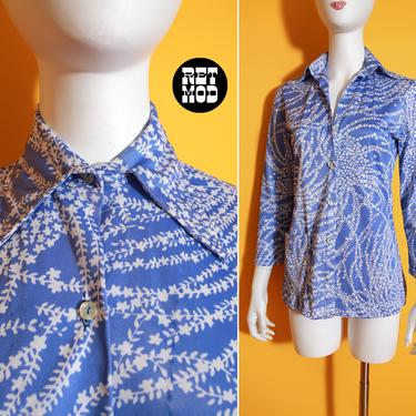 Comfy Vintage 60s 70s Periwinkle Blue &amp; White Floral Leaves Swim Cover-Up Tunic 