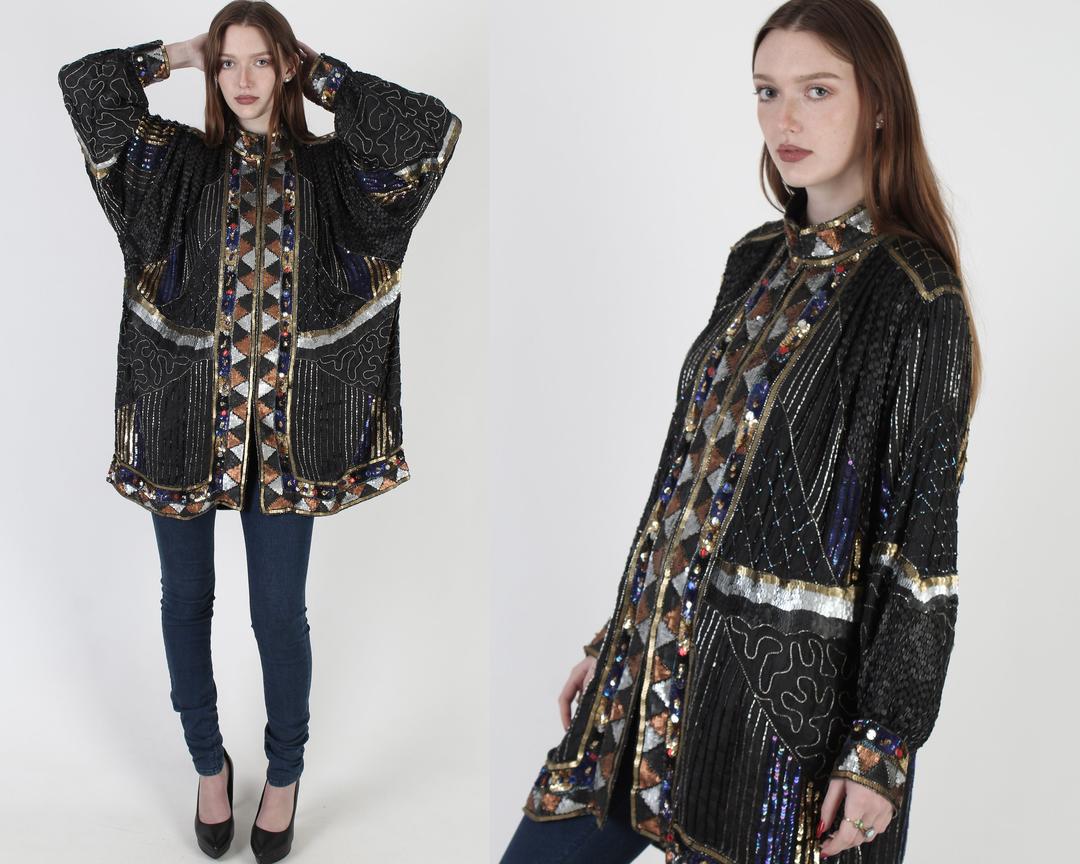 Vintage 80s Sequin Jacket Black 14 16