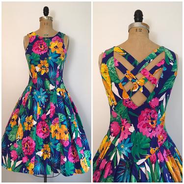 Vintage 1980s Melissa Floral Garden Party Dress 80s Tropical Print Summer Lattice Sundress 