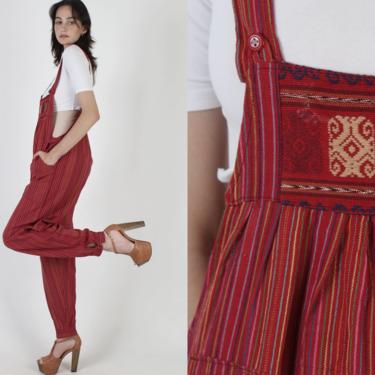 Red Cotton Guatemalan Jumpsuit / Vintage Rainbow Striped Batik Playsuit / 70s Overalls Pockets Maxi Pants / Ethnic Mexican Coveralls 