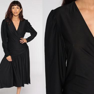 Black Wrap Dress 80s Asymmetrical Midi Puff Sleeve Dress Drop Waist Secretary Deep V Neck Plain Boho 1980s Vintage Medium Large 10 12 