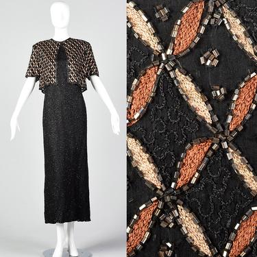 Large Black Beaded Maxi Dress Faux Jacket Style Brown Embroidery Beading Sheer Back Slit Short Sleeve Vintage 1990s 